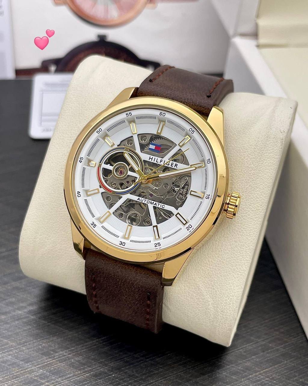 T_mmy Hilfiger Hendrix Automatic Skeleton Dial Brown Leather Watch_J15