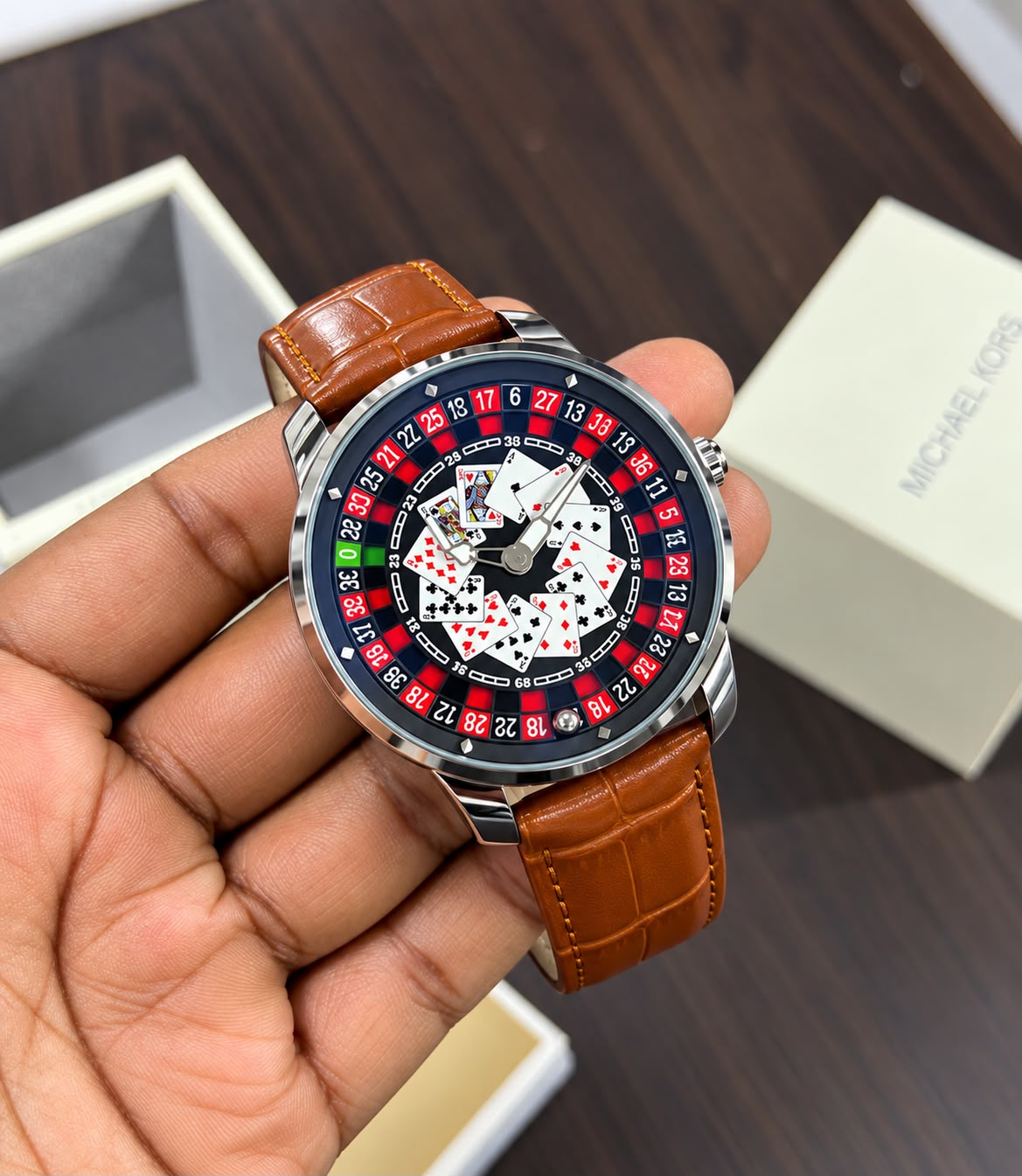 Casino Roulette Watch — Unique roulette-inspired dial with playing card details, bold red & black design, premium leather strap, and a luxury finish. Perfect for a stylish, eye-catching casino-inspired look_S10