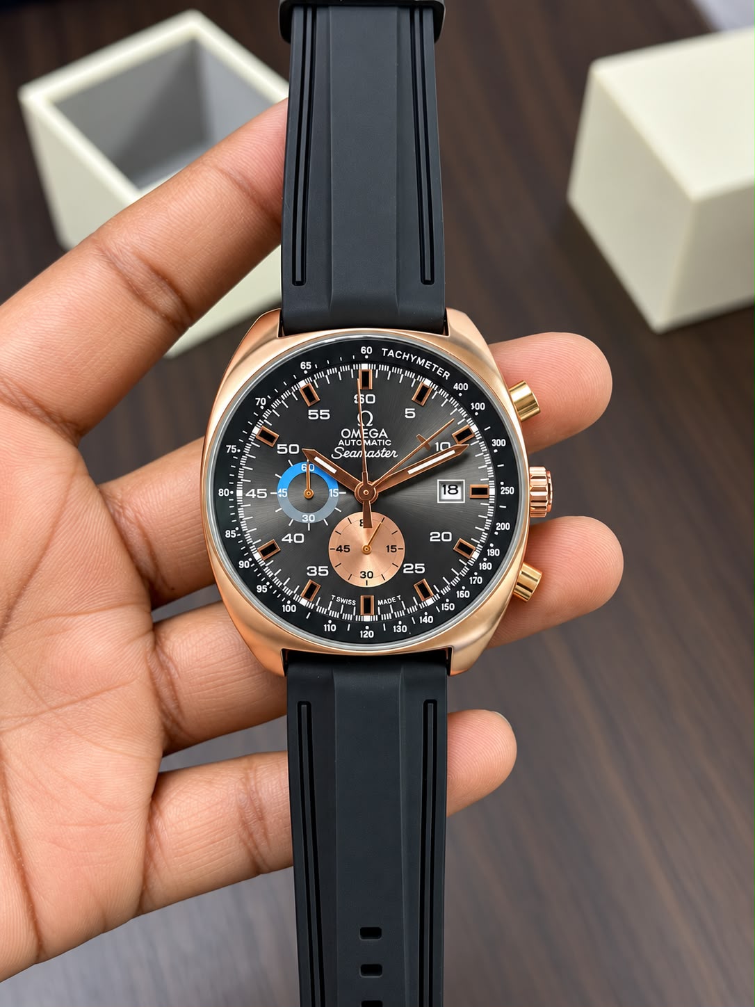 Omega Seamaster Chronograph Luxury rose gold finish with a bold black dial_S8