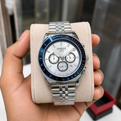 *Tisso@t Chronograph — Elegant Swiss-made timepiece featuring a striking blue bezel, silver dial,_S11