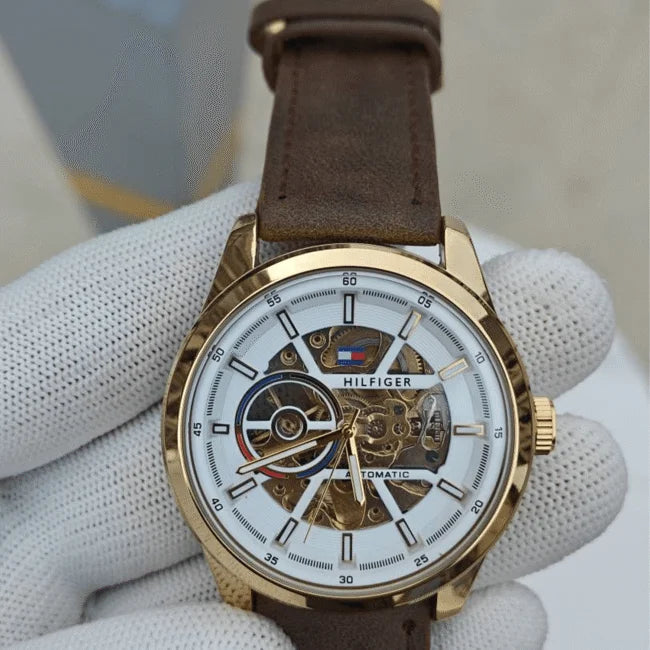 T_mmy Hilfiger Hendrix Automatic Skeleton Dial Brown Leather Watch_J15