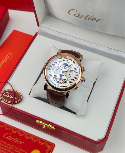 CA_TIER AUTOMATIC WATCH WITH A SKELETONIZED DIAL A BROWN LEATHER STRAP DAY AND DATE INDICATORS_J19