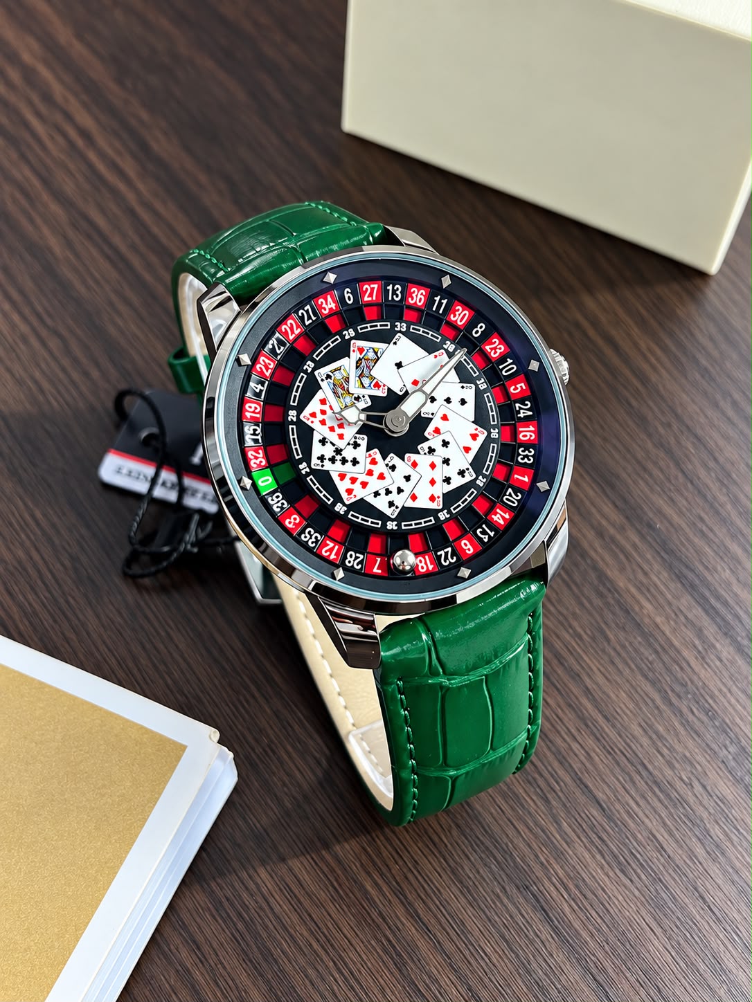 Casino Roulette Watch — Unique roulette-inspired dial with playing card details, bold red & black design, premium leather strap, and a luxury finish. Perfect for a stylish, eye-catching casino-inspired look_S10