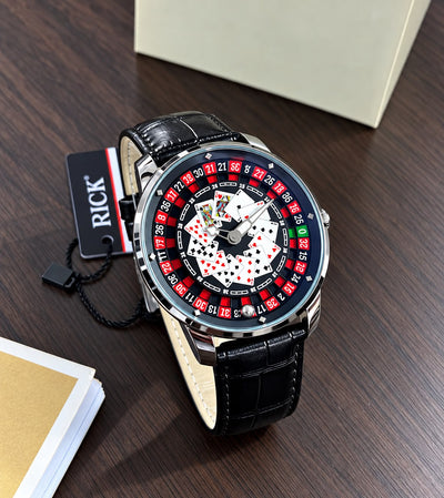 Casino Roulette Watch — Unique roulette-inspired dial with playing card details, bold red & black design, premium leather strap, and a luxury finish. Perfect for a stylish, eye-catching casino-inspired look_S10