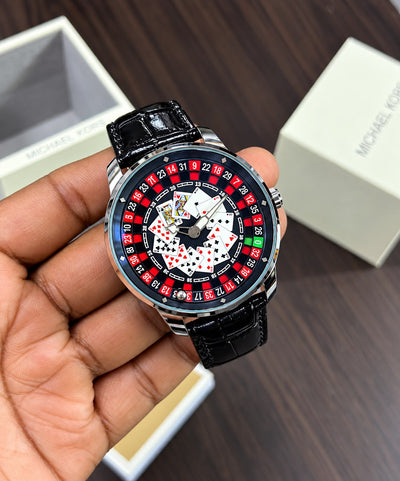 Casino Roulette Watch — Unique roulette-inspired dial with playing card details, bold red & black design, premium leather strap, and a luxury finish. Perfect for a stylish, eye-catching casino-inspired look_S10