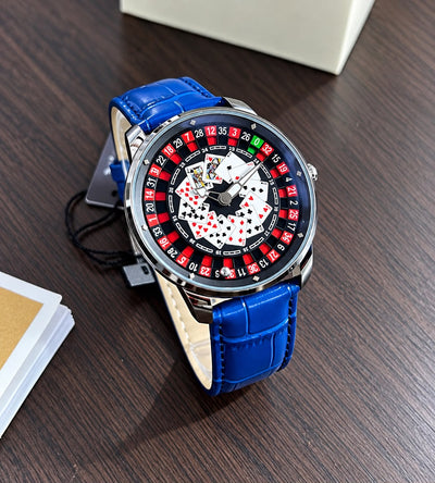 Casino Roulette Watch — Unique roulette-inspired dial with playing card details, bold red & black design, premium leather strap, and a luxury finish. Perfect for a stylish, eye-catching casino-inspired look_S10