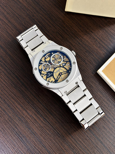 Hublot Skeleton Watch ⌚ Luxury silver-tone case with a striking white skeleton dial_S5