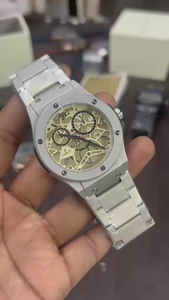 Hublot Skeleton Watch ⌚ Luxury silver-tone case with a striking white skeleton dial_S5