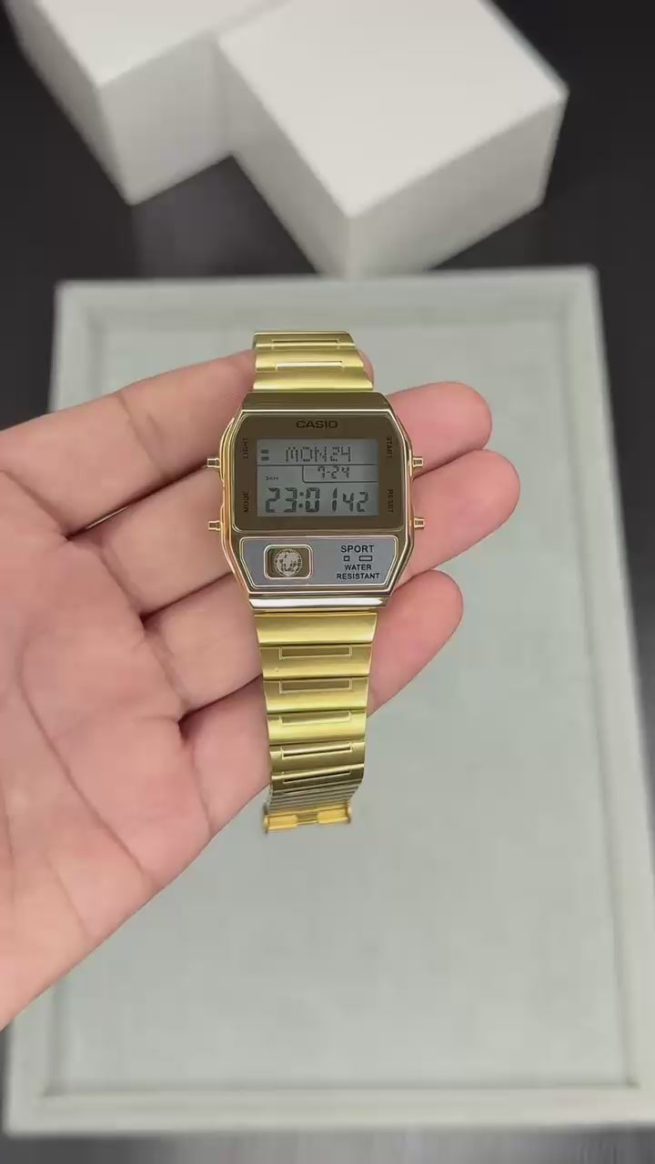 Load video: Casi@o Vintage A1100G-5DF gold digital watch_G1